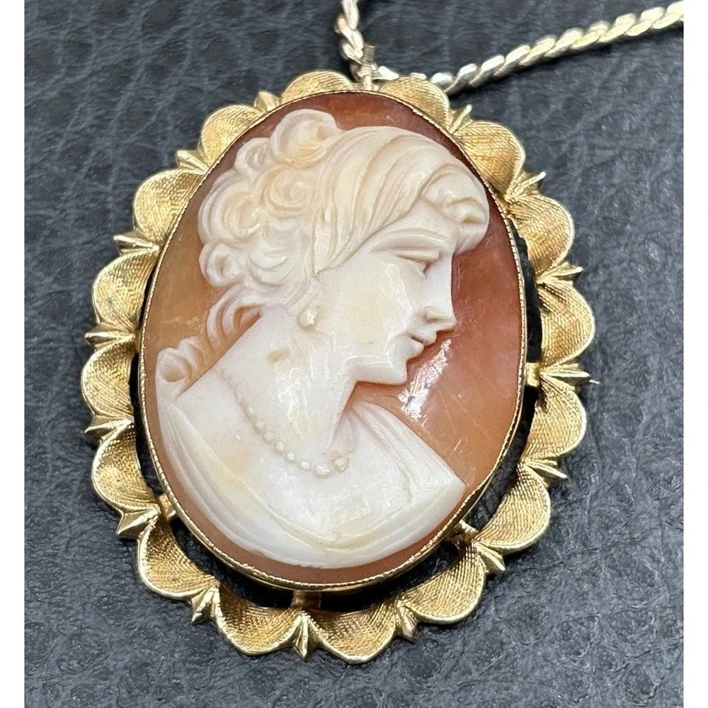 Vintage 14K Esemco Carved Shell Cameo Pendant And Krementz Gold Overlay Necklace